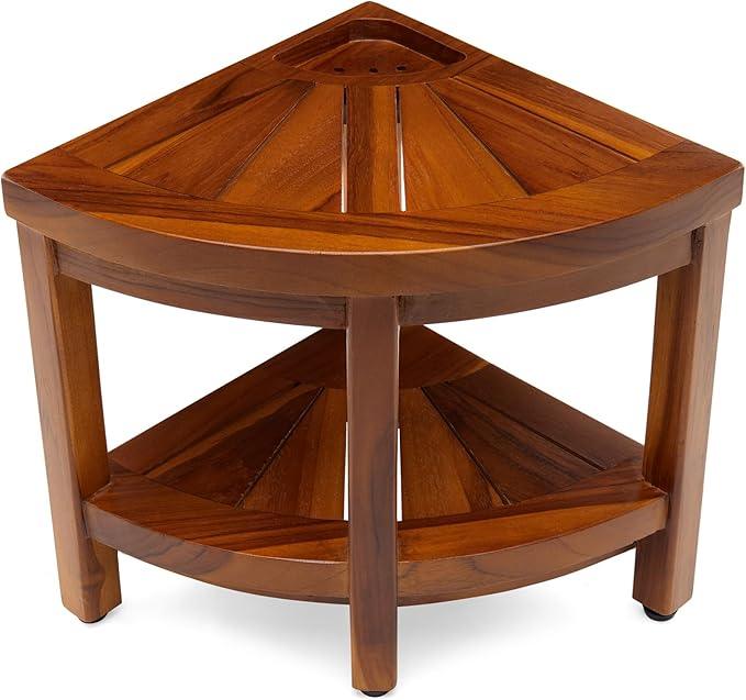 TeakCraft Corner Teak Shaving & Foot Rest with Shelf, 12" Fully Assembled, The Tilos - ModernBath
