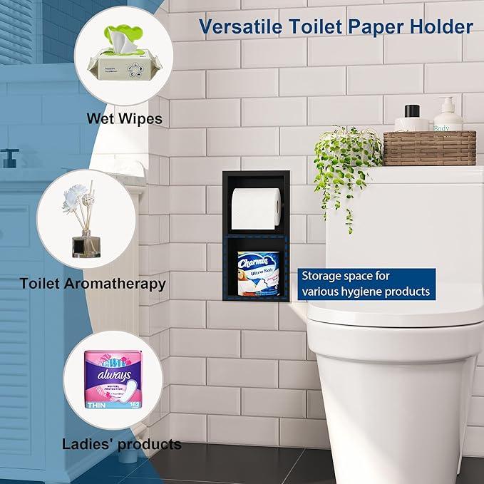 Recessed Toilet Paper Holder, 304 Stainless Steel Bathroom Toilet Paper Holder with Storage, in Wall Tissue Toilet Roll Holder, Matte Black - ModernBath