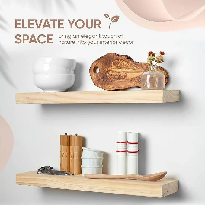 Homeforia 24 inch Natural Floating Shelf, High End Solid Real Wood 24inch Small Floating Shelves for Wall Mounted, Natural Wooden Floating Shelves, Heavy Duty Bracket, 24 X 6.5 X 1.75 in, Set of 2 - ModernBath
