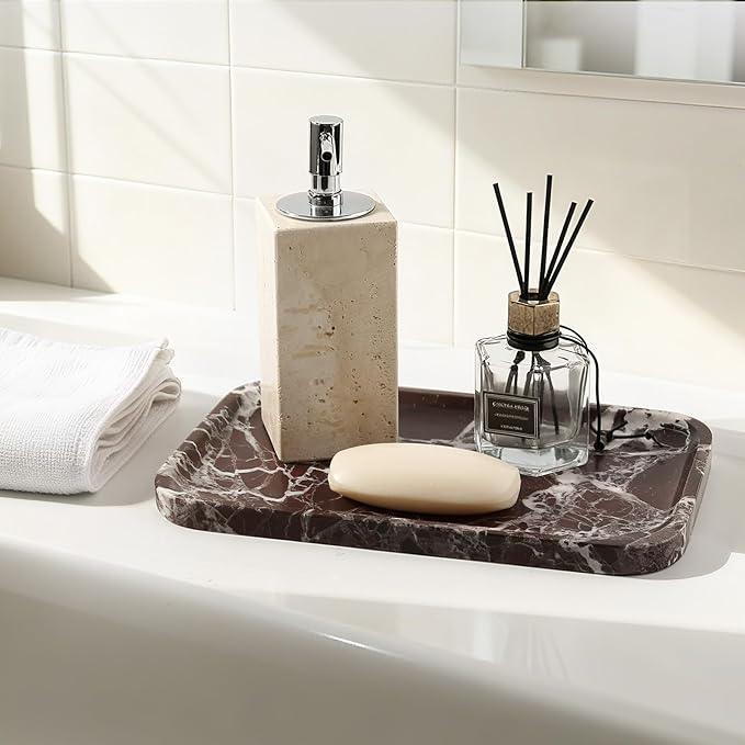 Marble Vanity Tray, 11.8in Stone Bathroom Tray for Countertop, Red Decorative Tray for Dresser Organizer, Luxury Serving Tray for Kitchen, Storage Dish for Kitchen Sink, Perfume, Jewelry Holder - ModernBath