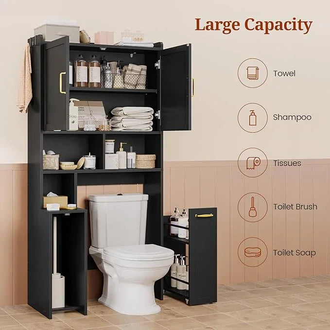 Over The Toilet Storage Cabinet with Pulley Small Bathroom Storage Cabinet, Space Saver W/Adjustable Shelf & Open Shelf for Bathroom, Restroom, Laundry (Black) - ModernBath
