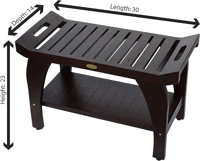 DecoTeak Tranquiity 30 Inch Brown Waterproof Teak Wood Shower Bench Stool Seat Chair for Inside Shower Provides Safety, Storage, and Organization for Bathroom Accessories - ModernBath