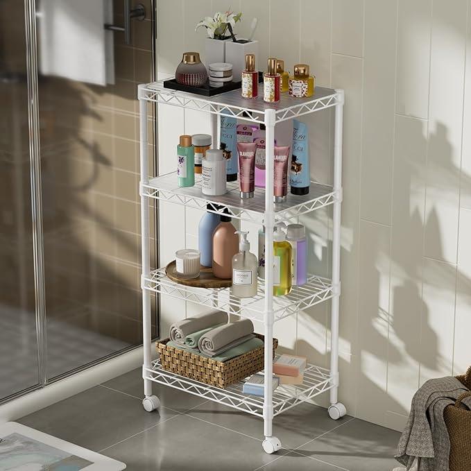 Small 4 Tier Shelves Storage Wire Shelving Unit Metal Shelf Adjustable Organizers Storage Shelving with Wheels for Bathroom Laundry Room Kitchen Pantry12”D x 18”W x 44.8”H White - ModernBath