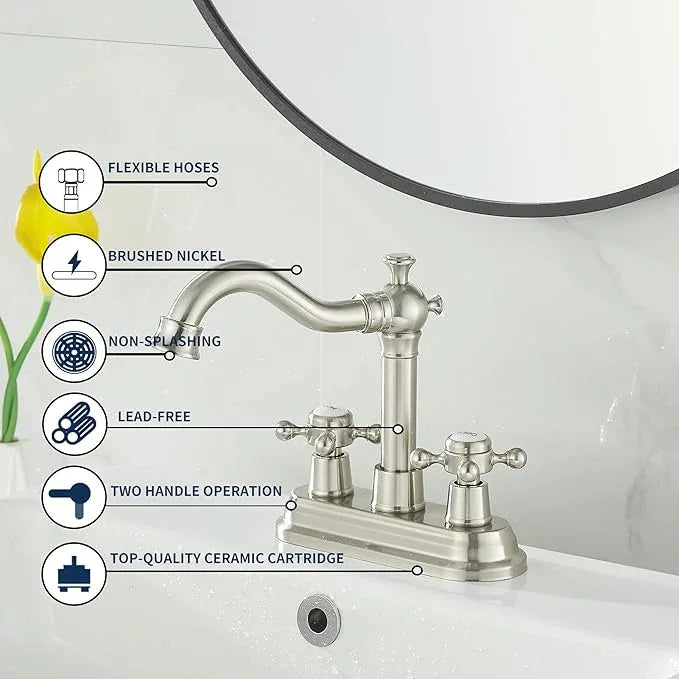 GGStudy Bathroom Faucet Brushed Nickel 2 Handles 4 Inches Centerset RV Vanity With Drain Assembly and Supply Hose - ModernBath