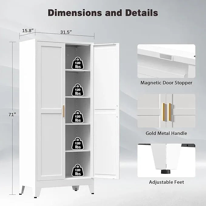 71” Tall Pantry Storage Cabinet, Kitchen Cabinets, Metal Cupboard with 4 Adjustable Shelves for Dining Room, Bathroom, Living Room - ModernBath