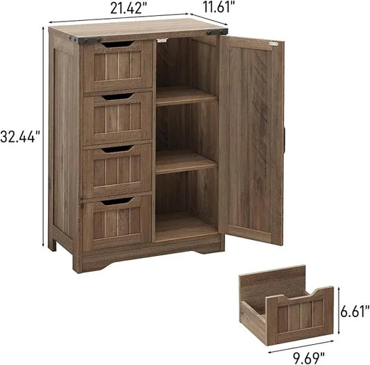 Vabches Farmhouse Bathroom Cabinet, Freestanding Storage Cabinet with 4 Drawers and 1 Door, Rustic Storage Organizer with Adjustable Shelf for Bathroom, Living Room, Entryway, Grey - ModernBath