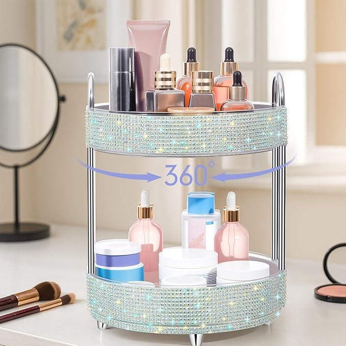 Honeydak 360 Rotating Perfume Organizer Rhinestone Bathroom Counter Organizer Makeup Holder with 2 Tiers Skincare and Perfume Storage, Large Capacity Vanity Storage for Cosmetic Countertop Decor - ModernBath