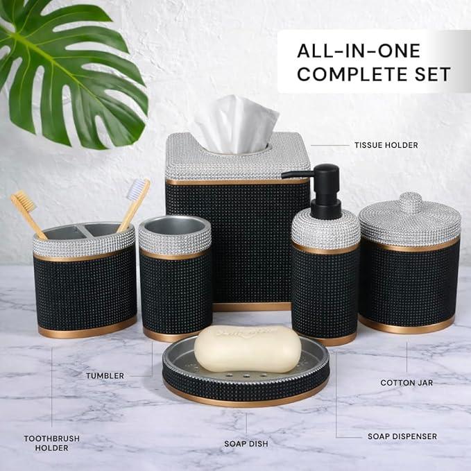 Decozen Bathroom Accessories Set 6Pcs – Soap Dispenser, Toothbrush Holder, Tumbler, Soap Dish & Cotton Swab Jar – Modern Bathroom Decor, Bath Set for Christmas Decor, Seiler - ModernBath