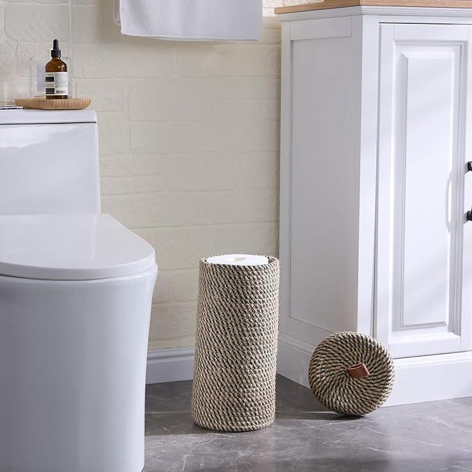 Toilet Paper Holder, Boho Decor Toilet Paper Storage Stand for Bathroom,Cotton Handmade Woven Paper Basket for Mega Roll,3 Rolls of Toilet Tissue Storage, Santa Green&Jute - ModernBath