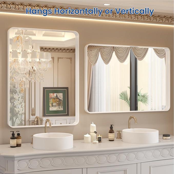 WEER White Bathroom Mirror 20X30 Inch, Rounded Rectangle White Metal Frame Mirror, Matte White Bathroom Vanity Mirror with Tempered Glass, Anti-Rust, Hangs Horizontally or Vertically - ModernBath