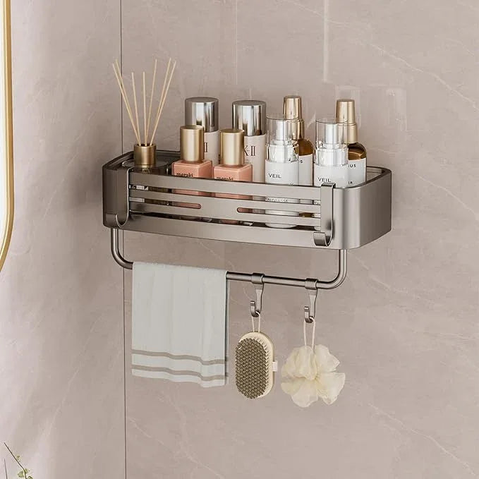 Shower Caddy Suction Cup, No Drilling Rustproof Bathroom Shower Shelf,Hanging Corner Shower Shelves with 6 Portable Hooks, Removable Bath Organizer with Towel Bar for Bathroom Storage(Gray) - ModernBath