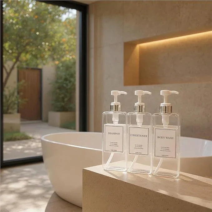 Modern Design Shampoo and Conditioner Dispenser, Large 27oz Shower Soap Dispenser, Set of 3 Refillable Empty Plastic Pump Bottles for Bathroom, 6 Waterproof Labels Included, (Clear & Silver) - ModernBath