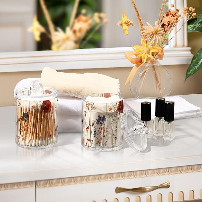 Tatenale Qtip Holder Bathroom Set Q tip Cotton Ball Swab Pad Dispenser Container Organizer Plastic Jars with Lids Storage 2Pack Beige Wild Flowers - ModernBath