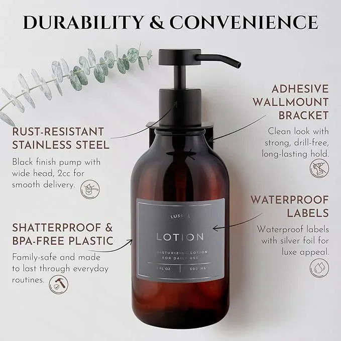 Shampoo & Conditioner Dispenser - Shower Soap Dispenser Wall Mounted - Set of 3 16.9 Oz Plastic Bottles with Pump & Holder - Shampoo Dispenser - Shower Dispenser Chamber No Drill (3 X Amber/Black) - ModernBath