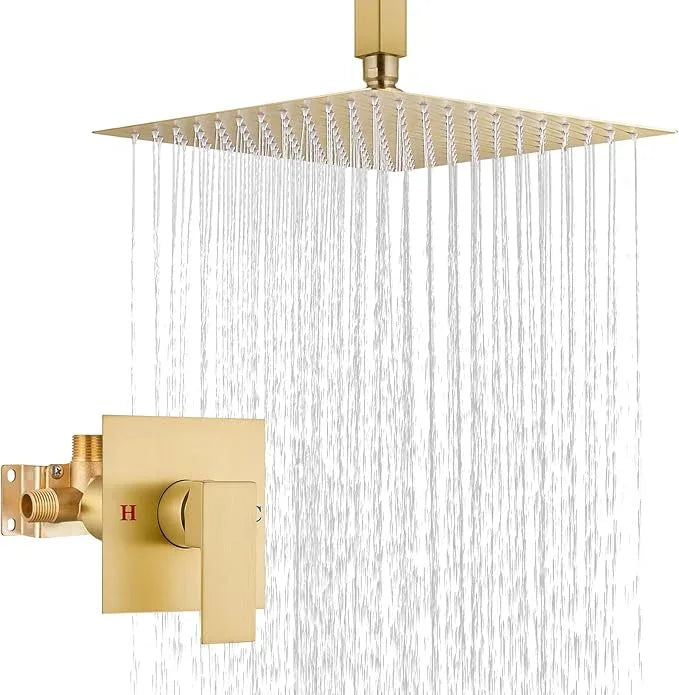 Airuida Shower Faucet Set and Handle Set Single Function Shower Trim Kit Ceiling Mount Rainfall Shower System with Male Threads and Rough-in Valve 10 Inch Square Shower Head Brushed Gold - ModernBath
