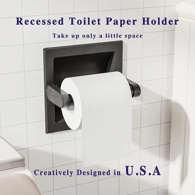 Matte Black Recessed Toilet Paper Holder for Large Rolls, Pivoting Black Toilet Paper Holder Wall Mount Stainless Steel, in Wall Toilet Paper Holders Black, Bathroom Toilet Paper Wall Holder - ModernBath