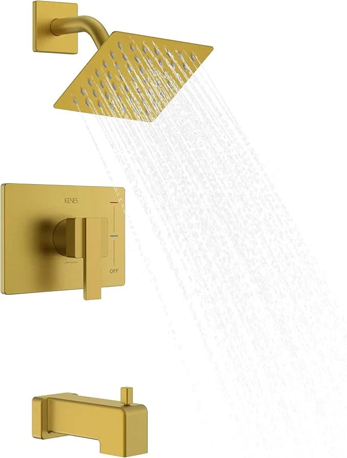 KENES Brushed Gold Tub and Shower Trim Kit, Square Tub Shower Faucet Set Complete with 6-Inch Rainfall Shower Head and Tub Spout, KE-6025A-4 (Shower Valve Included) - ModernBath