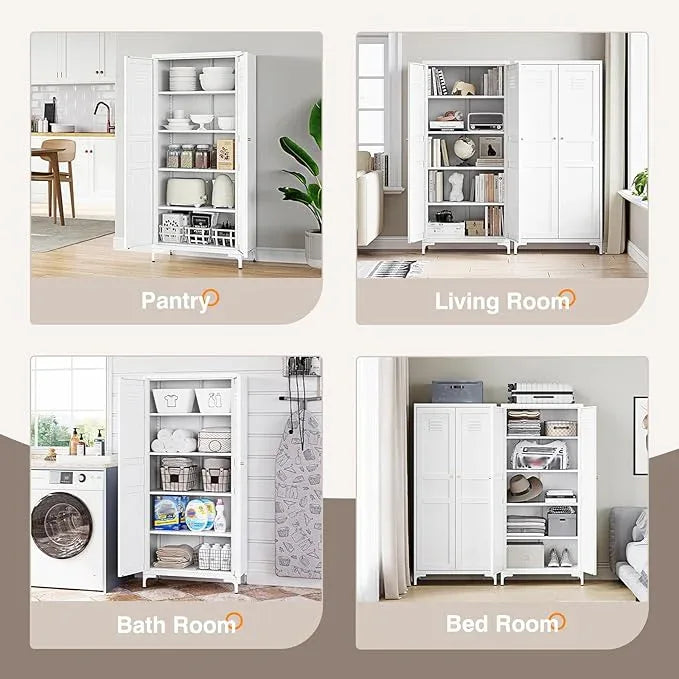 Yizosh Metal Storage Cabinet with 2 Doors and 4 Adjustable Shelves - 61" White Kitchen Pantry Storage 5-Tier Tall Steel Cabinets Locker for Kitchen, Living Room, Dining Room - ModernBath