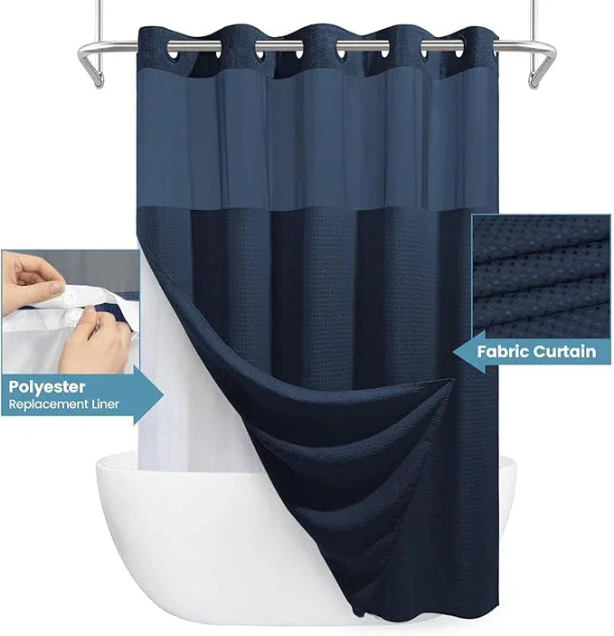 EUTXL Navy Blue Long No Hook Shower Curtain with Snap in Liner,230GSM Waffle Weave Shower Curtains for Bathroom,71W x 86H - ModernBath