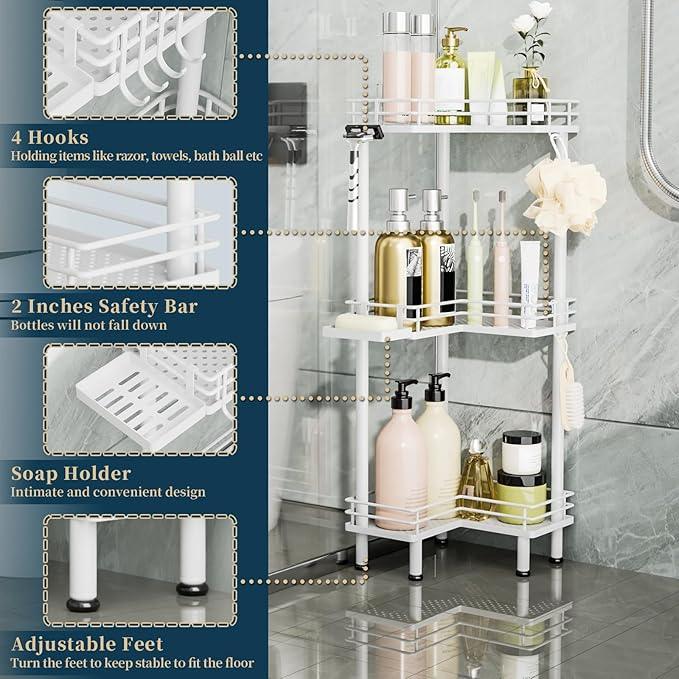 Consumest Corner Shower Caddy Standing - 3-Tier Stainless Steel Shower Organizer with Soap Holder and 4 Hooks, Large Capacity Corner Shelf Stand for Bathroom, Rest Room, White - ModernBath