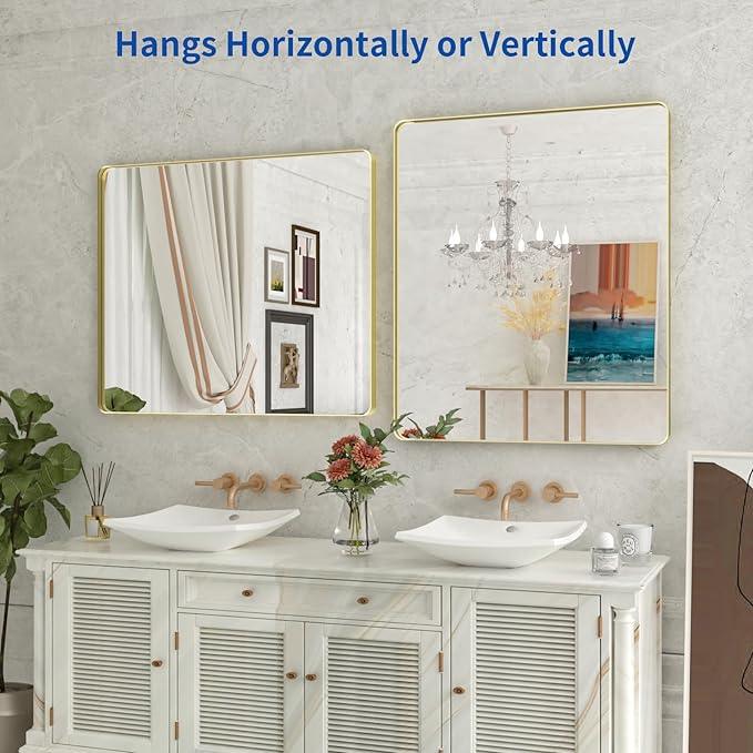 WEER Gold Bathroom Mirror, 36X30 Inch Brushed Gold Metal Frame Mirror, Rounded Rectangle Gold Bathroom Vanity Mirror for Wall, Tempered Glass, Anti-Rust, Hangs Horizontally or Vertically - ModernBath