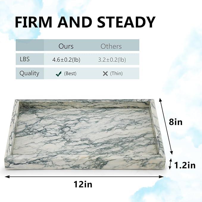 Zilukar Real Natural Marble Tray for Bathroom, Vanity, Kitchen and Desktop, Rectangle Genuine Marble Stone Tray for Jewelry, Cosmetics, Candles, Lotion, Perfume (Cyan-Green, 12" x 8" x 1.2") - ModernBath