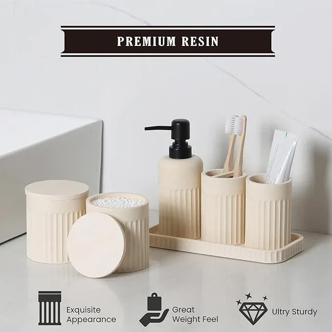 INIUNIK Bathroom Accessory Set - 6 Pieces Bathroom Accessories Set Complete with Soap Dispenser, Toothbrush Holders, Tumbler, Vanity Tray and 2 Qtip Holder for Home Organizer and Decor, Beige - ModernBath
