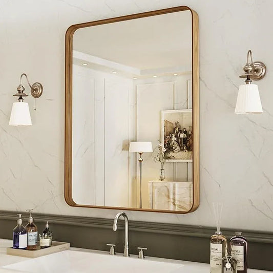 LOAAO 32X36 Inch Bathroom Mirror with Wood Grain Colored Metal Frame, Rounded Rectangle Metal Framed Bathroom Mirror, Anti-Rust, Hangs Horizontally or Vertically, Tempered Glass - ModernBath
