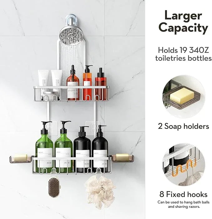 VALORDINE Shower Caddy Hanging, Shower Organizer Hanging, Aluminum Shower Racks for Inside Shower with Hooks for Razor, Never Rust Bathroom Organizers and Storage with Soap Holder, Bright Silver - ModernBath