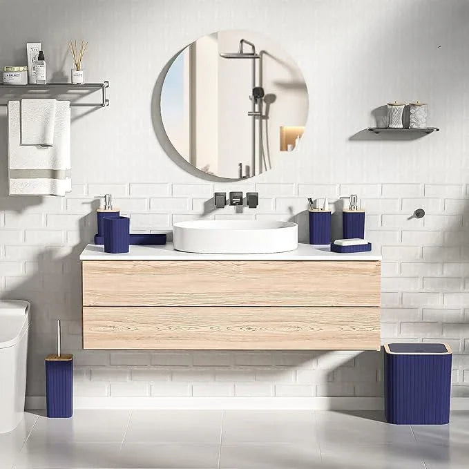 XLHOMO Bathroom Accessories Set - Elegant Blue Bathroom Set, 10PC Bathroom Accessory Set, Toilet Brush, Trash Can, Qtip Holder Dispenser & Soap Dispenser - ModernBath