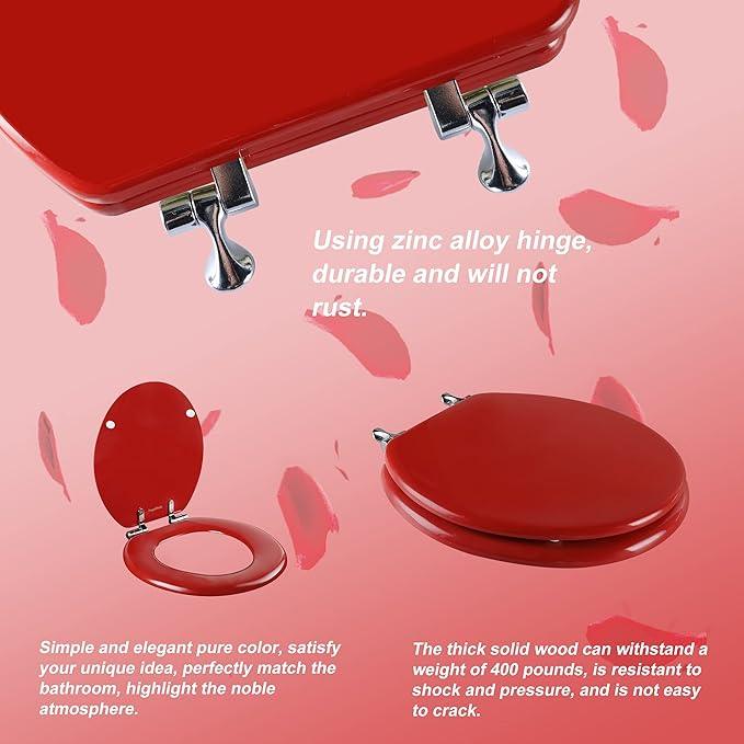 Red Round Toilet Seat Natural Wood Toilet Seat with Zinc Alloy Hinges, Easy to Install also Easy to Clean, Scratch Resistant Toilet Seat by Angol Shiold (Round, Red) - ModernBath