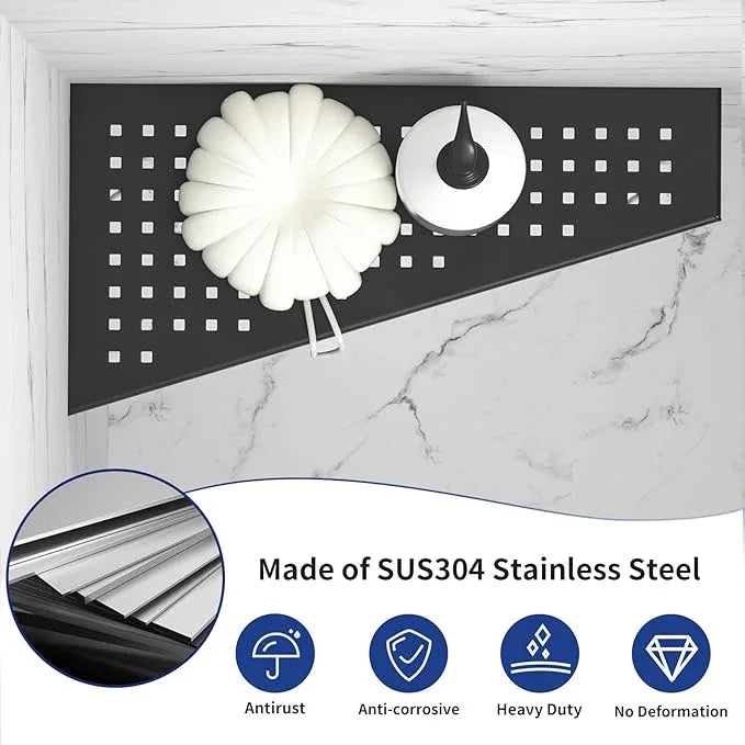 Corner Shower Shelf, Matte Black 12" 304 Stainless Steel Trapezoid Grout in Shelf with Grid Hollows Design, Recessed Bathroom Shelves for Tiled Wall Retrofit, 2 Pack - ModernBath