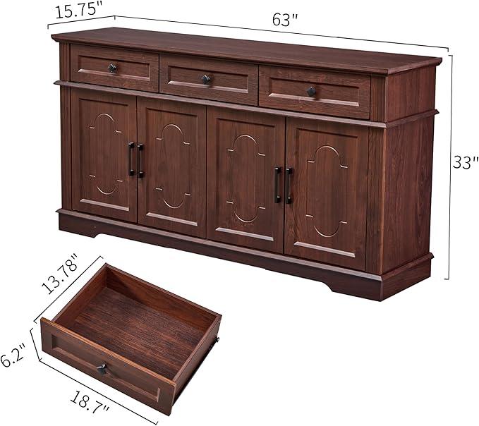 63" Buffet Sideboard Cabinet with 4 Doors and 3 Drawers, Modern Farmhouse Kitchen Storage Cabinet, Coffee Bar Cabinet with Adjustable Shelves, Kitchen Living Room Storage, Dining Room Cherry - ModernBath