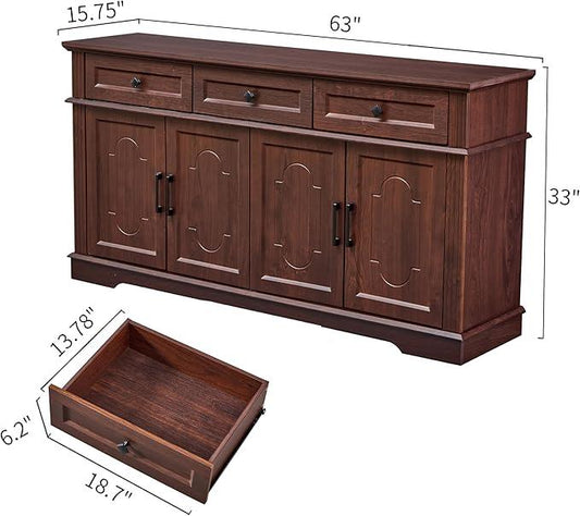 63" Buffet Sideboard Cabinet with 4 Doors and 3 Drawers, Modern Farmhouse Kitchen Storage Cabinet, Coffee Bar Cabinet with Adjustable Shelves, Kitchen Living Room Storage, Dining Room Cherry - ModernBath