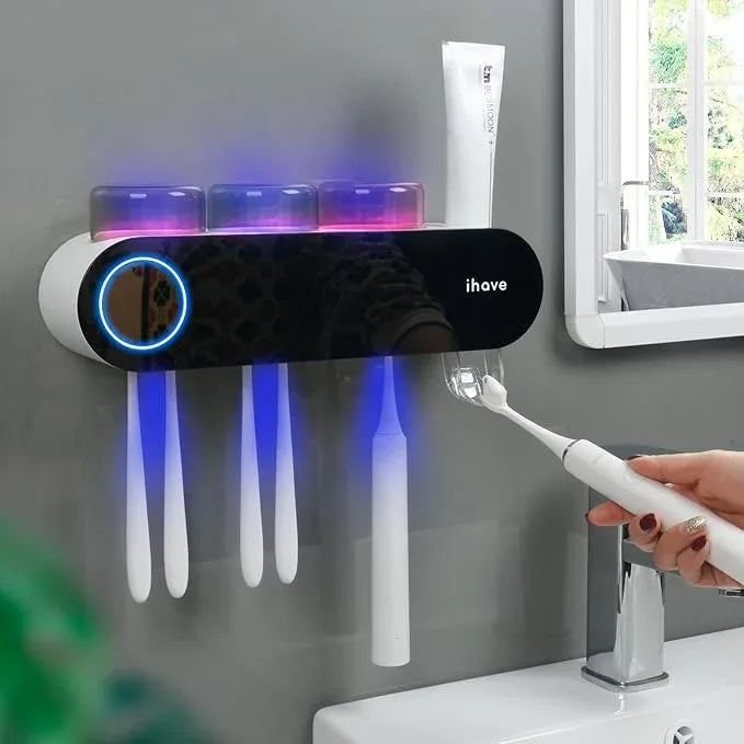 iHave Wall Mounted Electric Toothbrush Holders with 3 Cups, UV Sanitizer, Toothpaste Dispenser, Smart Home Bathroom Accessories & Decor, Black - ModernBath