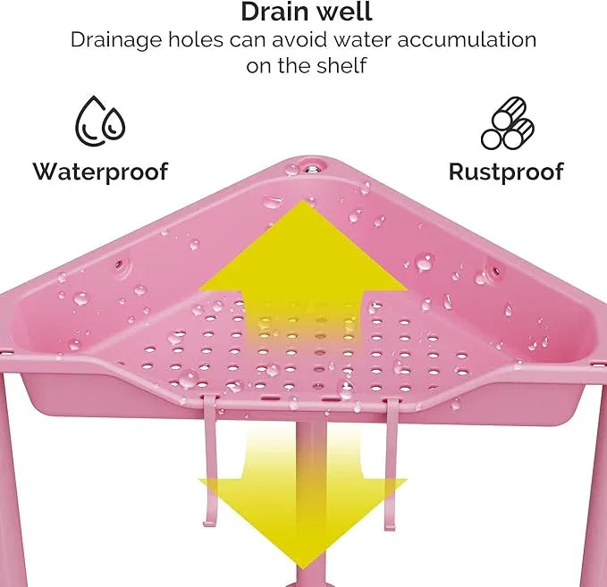 Orimade Rustproof 5 Tier Floor Standing Corner Shower Caddy Organizer, Plastic Metal Splicing Floor Corner Shelf Rack Stands for Bathroom, Pink - ModernBath