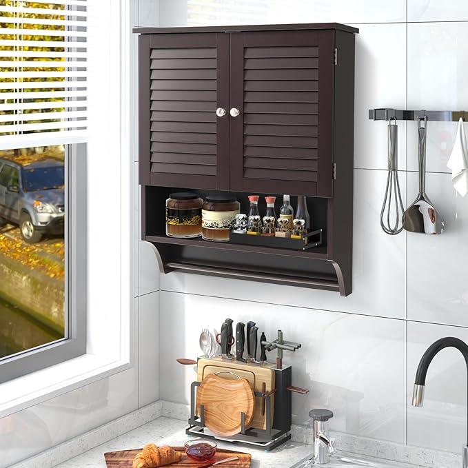 Giantex Wall Mounted Bathroom Cabinet with 2 Louvered Doors, 3-Position Adjustable Shelf, Towel Bar, Over The Toilet Space Saver, Above Toilet Hanging Medicine Cabinet (Espresso) - ModernBath