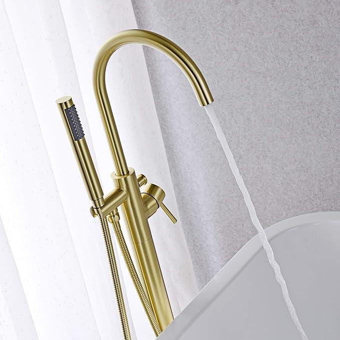 Freestanding Bathtub Faucet Tub Filler Brushed Gold Single Handle Floor Mounted Brass Faucets with Hand Shower - ModernBath