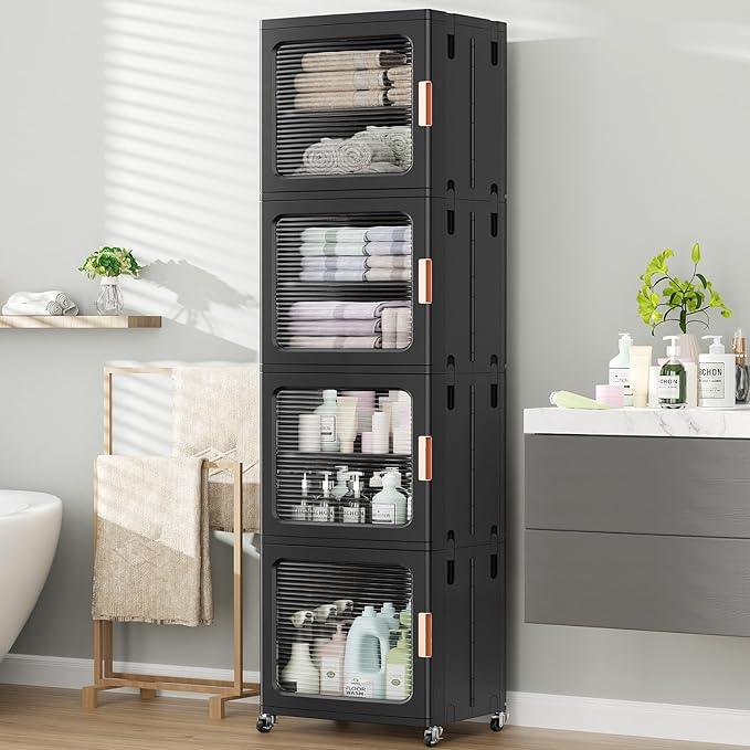 BROVIEW 4-Tier Tall Narrow Storage Cabinet 14.6” Wide, Slim Bathroom Cabinets with Adjustable Shelves and Doors, Plastic Kitchen Pantry Organizers and Storages for Small Space, Laundry, Black - ModernBath