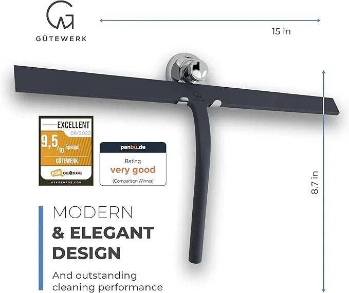 GÜTEWERK Shower Squeegee for Glass Doors, Silicone Window Squeegee, Bathroom and Glass Cleaning - Black - 15 Inch - ModernBath