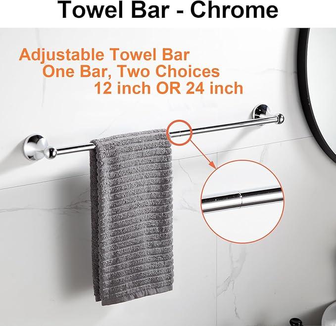 BGL Bathroom Hardware Set, Chrome Adjustable Expandable Towel Bar 4-Piece Bathroom Accessory Set Wall Mounted Robe Hook Toilet Paper Holder Towel Ring Towel Bar - ModernBath