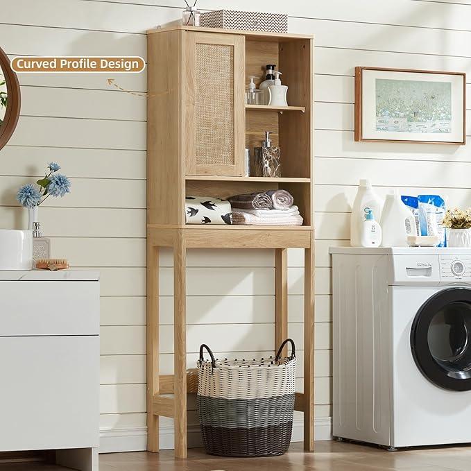 LEYAOYAO Over The Toilet Storage Cabinet with Rattan Sliding Door, 68" Tall Wood Above Toilet Bathroom Organizer w/Adjustable Shelf & Curved Profile, Space Saver Freestanding Washer Shelf, Natural - ModernBath