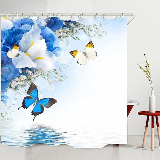 LYFANS Shower Curtains Waterproof Polyester Fabric,Large Width Bright Partition Curtain with Blue Butterfly Print,Shower Curtain Liner for Bathtub Bathroom with 12 White Hooks (72 x72 inches) - ModernBath