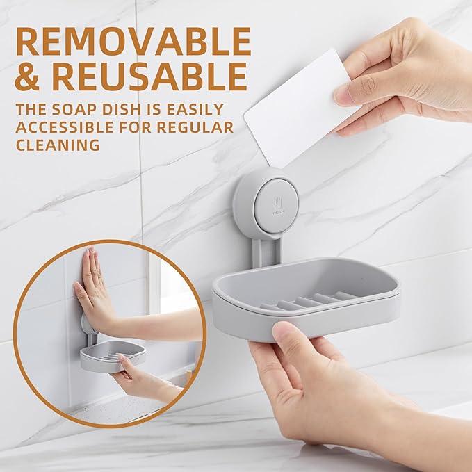 LEVERLOC Soap Dish Holder for Shower Suction Cup Wall Mounted Self Draining NO-Drilling Removable Bar Soap Sponge Holder for Bathroom Bathtub Kitchen Sink Waterproof Strong Vacuum Suction, Grey - ModernBath