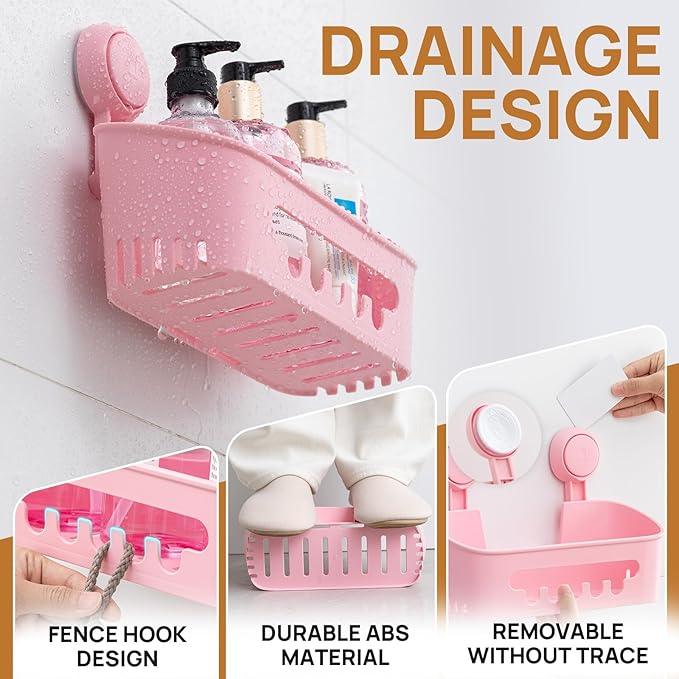 LEVERLOC Shower Caddy Suction Cup 2 Pack, Shower Organizer Removable Bathroom Shelf, Storage Suction Powerful Max Hold 22lbs Bathroom Caddy Waterproof Holder, Pink - ModernBath
