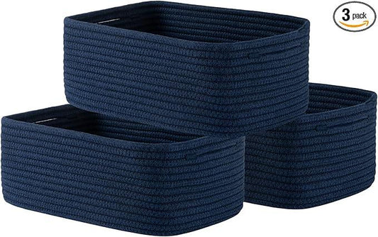 Small Woven Basket, 13.5 x 9.5 x 5 Inches, Storage Basket for Organizing, Cute Small Rope Shelf Closet Cube Storage Bins Baskets for Shelves, Dog Toy Gift Baskets Empty, 3 Packs, Navy Blue - ModernBath