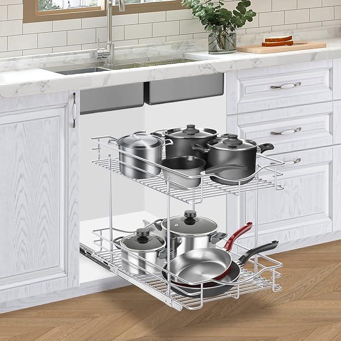 Fulgente Chrome Finish Pull Out Drawer Cabinet Organizer, Professional Wire Frame 2 Tier Heavy Duty Slide Out Kitchen Cabinet Storage Shelves, Sliding Drawer for Cabinet 11"W x 21"D - ModernBath