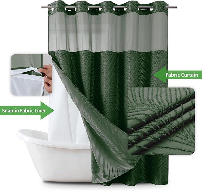 No Hook Shower Curtain and Liner Set,No Hook Tufted Striped Textured Shower Curtain with Snap in Liner Replacement and Waterproof Fabric,Boho Style with See Through Top Window,DarkGreen,71Wx86H - ModernBath