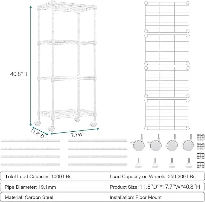 1000 lbs 4-Shelf Adjustable Heavy Duty Steel Wire Rack, Adjustable Storage Shelving Unit with Wheel for Kitchen, Garage, Laundry White 11.8" D x 17.7" W x 40.8" H - ModernBath