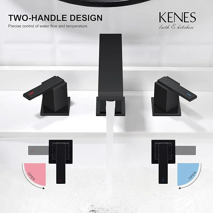 KENES Black Widespread Bathroom Faucet 3 Hole Bathroom Sink Faucet Matte Black Two Handle, 8-Inch 3 Pieces Bathroom Vanity Faucet with Pop Up Drain & Supply Lines, KE-9050-2-P - ModernBath